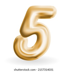 Golden Volumetric 3D Text Balloons Lettering 5 einzeln auf Weiß. Vektorgrafik.