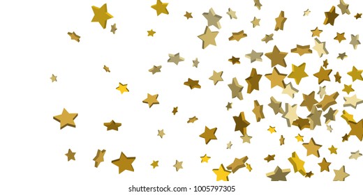 Golden voluminous confetti stars fall on a white background. Illustration of flying shiny stars. Decorative element. Luxury background for your design, cards, invitations, gift, vip.