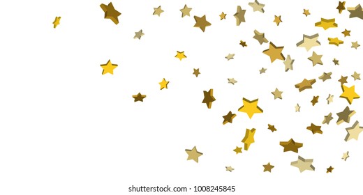 Golden voluminous confetti stars fall on a white background. Illustration of flying shiny stars. Decorative element. Luxury background for your design, cards, invitations, gift, vip.