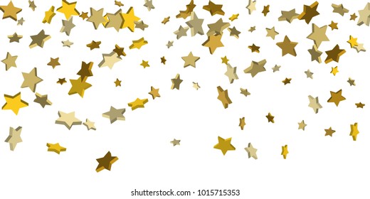 Golden voluminous confetti stars fall on a white background. Illustration of flying shiny stars. Decorative element. Luxury background for your design, cards, invitations, gift, vip.
