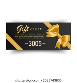 Golden voucher or gift card, gold certificate for discount. Set of isolated template for present coupon with ribbon and bow. Vector illustration