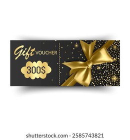 Golden voucher or gift card, gold certificate for discount. Set of isolated template for present coupon with ribbon and bow. Vector illustration