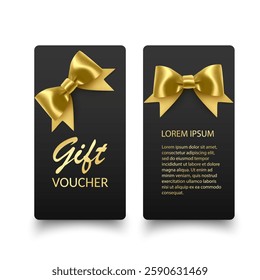 Golden voucher or gift card, gold certificate for discount. Set of isolated template for present coupon with ribbon and bow. Vector illustration