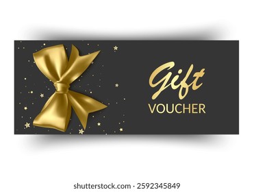 Golden voucher or gift card, gold certificate for discount. Set of isolated template for present coupon with ribbon and bow. Vector illustration