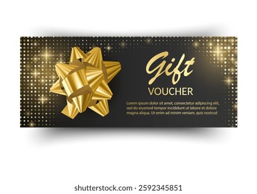 Golden voucher or gift card, gold certificate for discount. Set of isolated template for present coupon with ribbon and bow. Vector illustration