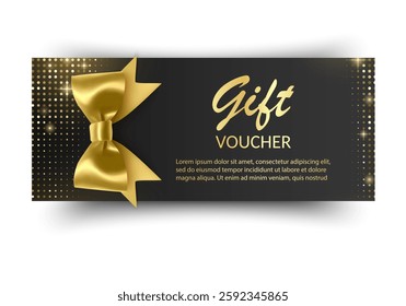 Golden voucher or gift card, gold certificate for discount. Set of isolated template for present coupon with ribbon and bow. Vector illustration