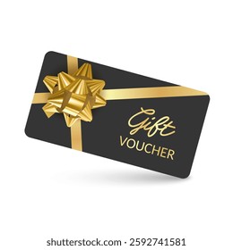 Golden voucher or gift card, gold certificate for discount. Set of isolated template for present coupon with ribbon and bow. Vector illustration