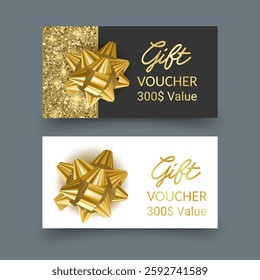 Golden voucher or gift card, gold certificate for discount. Set of isolated template for present coupon with ribbon and bow. Vector illustration