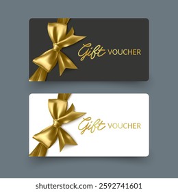 Golden voucher or gift card, gold certificate for discount. Set of isolated template for present coupon with ribbon and bow. Vector illustration