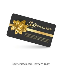 Golden voucher or gift card, gold certificate for discount. Set of isolated template for present coupon with ribbon and bow. Vector illustration