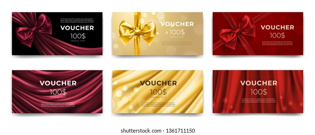 Golden voucher or red gift card, gold certificate for discount. Set of isolated template for present coupon with ribbon and bow. Shop invitation promo or flyer offer, birthday gift. Premium label