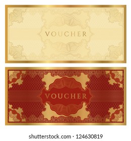 Golden voucher template with guilloche pattern (watermarks) and border. Design usable for gift voucher, coupon, diploma, certificate or different awards. Vector illustration in red and gold colors