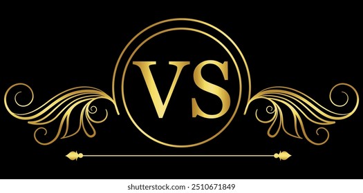 Golden VS Letter Floral Design Icon, Versus, Fight, Competition Logo Vector Illustration.	