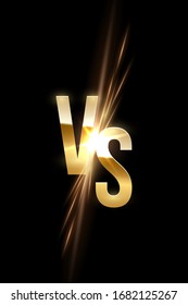 Golden VS letter sign with glowing shiny spark isolated on black vertical background. Versus logo element for game, battle, sport match with sun explosion, burning sunray effect. Vector space banner