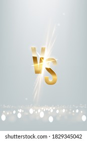 Golden VS letter sign with glowing shiny spark on light luxury vertical background. Versus logo element for game, battle, sport match with sun explosion, burning sunray effect. Vector space banner