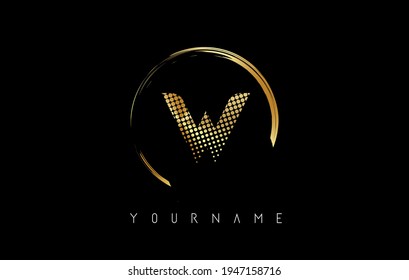 Golden W letter logo design with golden dots and circle frame on black background. Creative vector illustration with golden color and letter W.