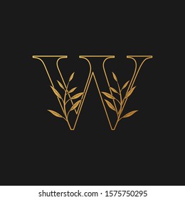 Golden W Letter logo icon, outline initial vintage design concept classic nature leaves with letter W gold color.
