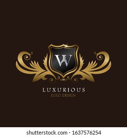 Golden  W Logo Luxurious Shield, creative vector design concept for luxury business indentity.