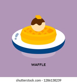 Golden waffle served with ice-cream and chocolate sauce toped with butter on purple background.