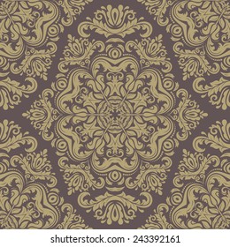 Golden wallpaper in the style of Baroque. Seamless vector background. Damask floral pattern with orient and floral elements
