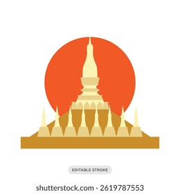 Golden Wat Pha Thap Luang En símbolo de icono plano de Vientiane. Laos viaje, Lugar famoso, cultura Ilustración vectorial en estilo de relleno de color.