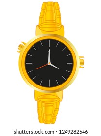 Golden watch with bracelet on white background is insulated