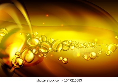 Golden water with bubbles, gas and oil shapes and waves - vector illustration.
