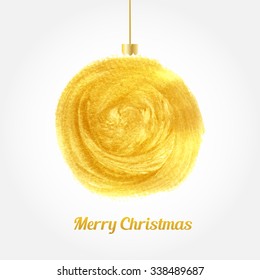 Golden watercolor painted vector Christmas ball. Christmas card with gold ball and text