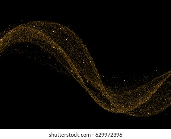 Golden wave background. Gold glittering star dust trail sparkling particles on black background. Vector illustration