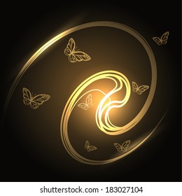 Golden wave with butterflies background. Vector eps10