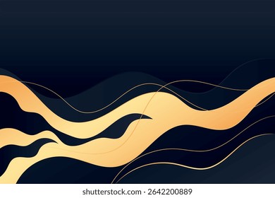 Golden wave curves stretch and bend on a dark gradient background creating a dynamic and artistic abstract visual