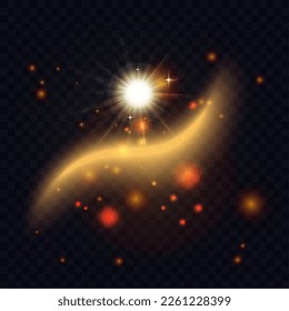 Golden wave and flare with magic glowing light effect vector illustration. Abstract gold glow of sun rays and spiral swirl trail among stars glitter and flash sparkles, shine of round energy ball