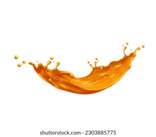 Golden wave flow splash, gold oil or sweet caramel syrup splatter, realistic vector background. Golden wave splash of long flow or orange juice pour spill with droplets of candy caramel or toffee