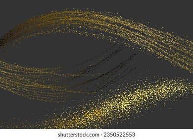 Golden wave glitters on a black background. Abstract shiny golden wave design element.