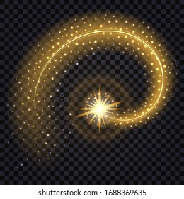 Golden wave with light glowing effect. Shiny star with swirl trail and glitter, isolated design element  on transparent background. Vector illustration