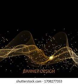 
Golden wave lines on a black background. Glitter of gold.