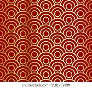 Golden wave on a red background. Luxury abstract geometric seamless pattern. Asian traditional gold and red backdrop. Vector illustration