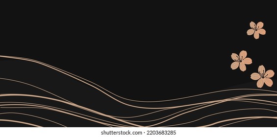 Golden wave and Sakura flower on dark background vector.