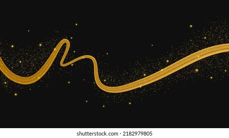 Ola dorada con efecto brillante y brillante sobre el fondo oscuro. Líneas de ondas doradas de lujo con brillantes chispas