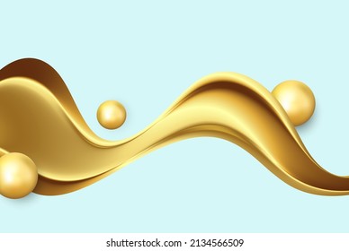 Golden wave with golden spheres on a light background.Abstract wave background.