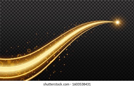 Golden wave whith  trail of comet and sparkling gold stardust, effect bokeh. Luminescent wave with bright bokeh and sparkles trail  on transparent background for magic design.