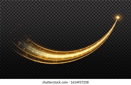 Golden wave whith  trail of comet and sparkling gold stardust, effect bokeh. Luminescent wave with bright bokeh and sparkles trail  on transparent background for magic design.