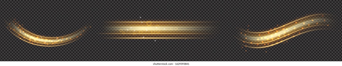 Golden wave whith trail of comet and sparkling gold stardust, effect bokeh. Luminescent wave with bright bokeh and sparkles trail on transparent background for magic design
