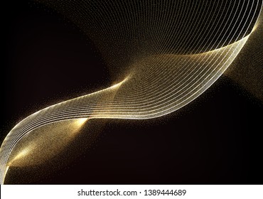 Golden Waves. Abstract gold Lines Design. Shiny moving strips design element with glitter effect on dark background for xmas christmas card