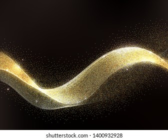 Golden Waves. Abstract Gold Lines Design. Shiny moving strips design element with glitter effect on dark background for xmas christmas card 