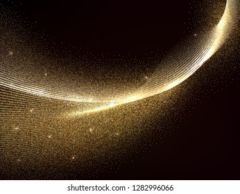 Golden Waves Design. Abstract Gold strips on black background. Shiny moving lines design element with glitter effect for your xmas christmas card