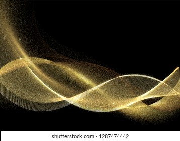 Golden Waves Design. Abstract Gold strips on black background. Shiny moving lines design element with glitter effect for your xmas christmas card