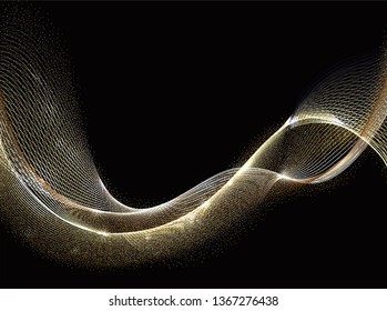 Golden Waves Design. Abstract gold Lines. Shiny moving strips design element with glitter effect on dark background for xmas christmas card. Vector Illustration