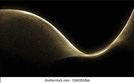 Golden Waves Design. Abstract gold Lines. Shiny moving strips design element with glitter effect on dark background for xmas christmas card or brand business concept