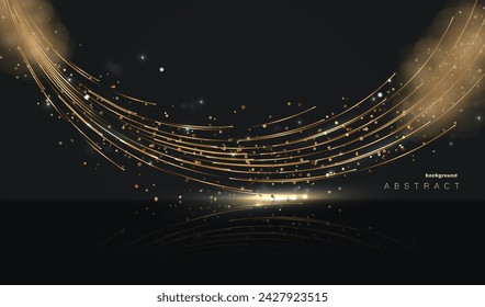 Golden waves luxury abstract on black background. Futuristic galaxy comet dust shapes lines vector design.